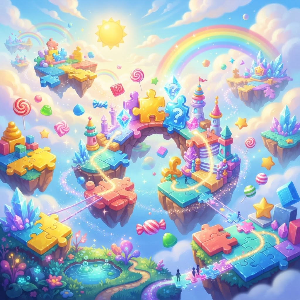 A bright floating world of colorful puzzle islands and glossy game pieces